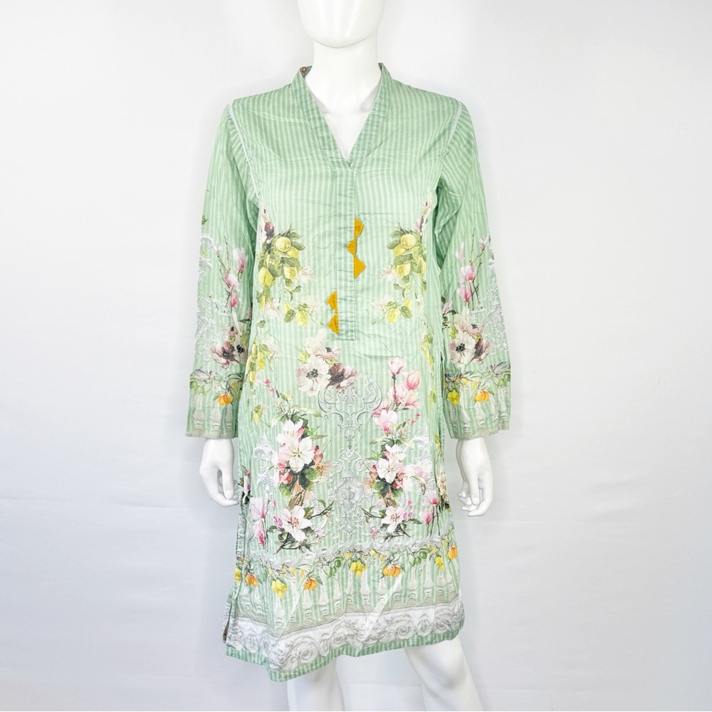Sapphire Green Floral Lemon Print Shirt Dress Size M Casual Summer Long Sleeve